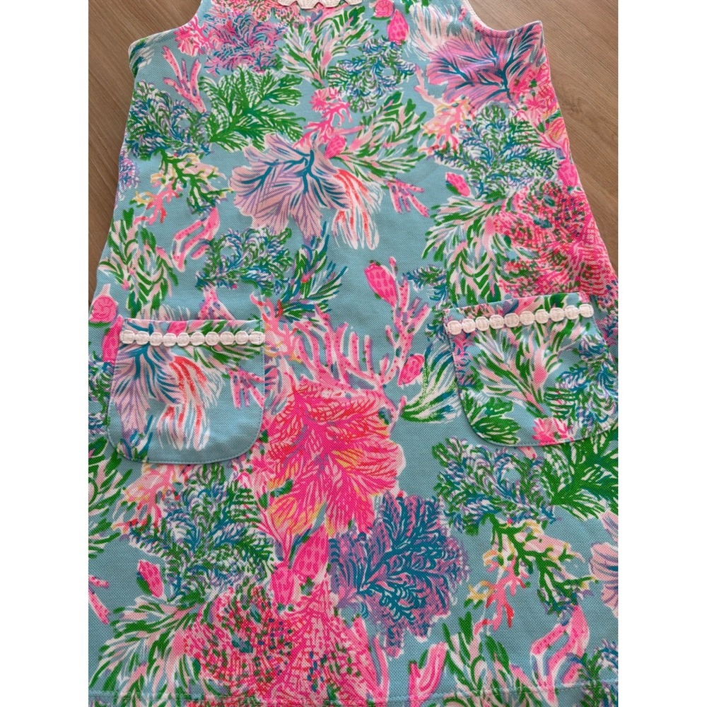 Lilly Pulitzer Girls XL 12-14 Shift Dress Blue Pink Coral Reef Shell Trim Pique - Picture 4 of 7